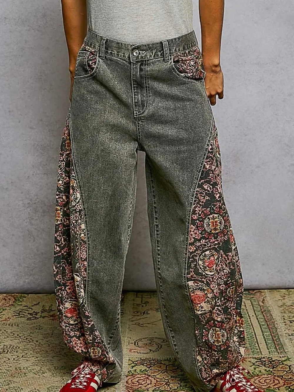 027. POL, Floral insert Washed Black Barrel pants